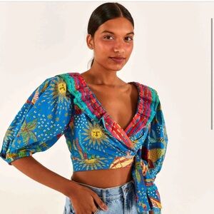 💫SALE Farm Rio Blue Ocean Stories Wrap Blouse Crop Top